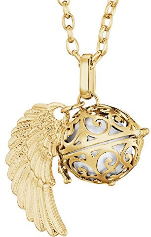 Morella Damen Halskette Gold Edelstahl 70 cm mit goldenem Anhänger Engelsflügel und Klangkugel weiß Ø 16 mm in Schmuckbeutel