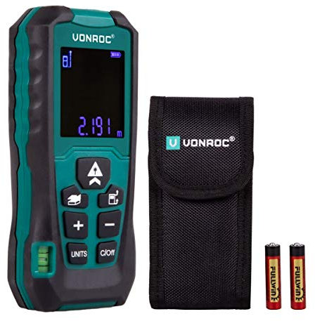 VONROC Télémètre Laser avec portée de 60 mètres - Mesure de Longueur, Surface, Volume, Hauteur indirecte et Distance - Référence de Mesure réglable - INCL. Sac de Protection et Piles