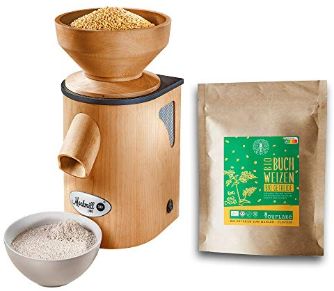 Macina per cereali Mockmill Lino 100, prodotto in Germania, corindone prezioso e ceramica | farina fresca | (Lino 100 + 2,5 kg di grano saraceno biologico)