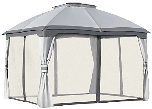 Outsunny 3.7 x 3(m) Metal Gazebo Canopy Party Tent Garden Patio Shelter with Netting Sidewalls & Double Tiered Roof, Grey