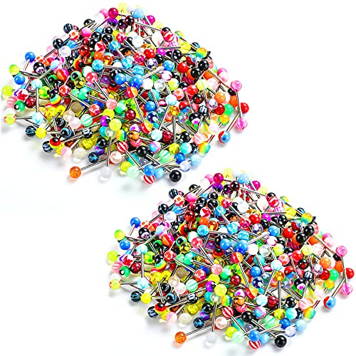 200 Piezas de Anillos de Lengua a Granel Anillos de Racor de 14G 16 mm Joyas de Acero Inoxidable de Perforaciones de Cuerpo de Barras Rectas Colores Variados de Caramelo Acrílico