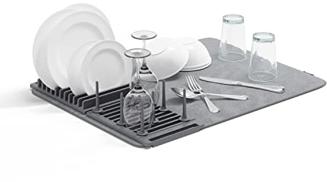 Umbra Udry Peg Abtropfgestell mit Mikrofaser Abtropfmatte, Faltbare und Platzsparende Geschirrtrockenlösung, Dunkelgrau