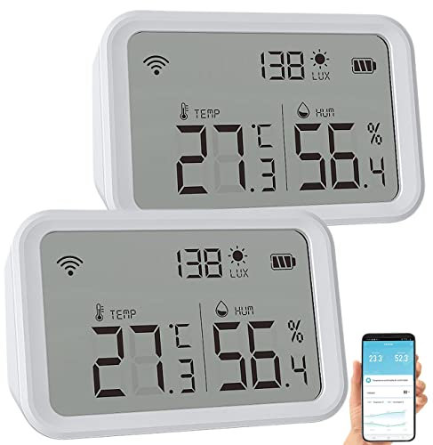 Luminea Home Control Raumklimamessgerät: 2er-Set 3in1-WLAN-Sensoren: Temperatur, Luftfeuchtigkeit & Helligkeit (Dämmerungssensor, Smarthome Controller, Luftentfeuchter)