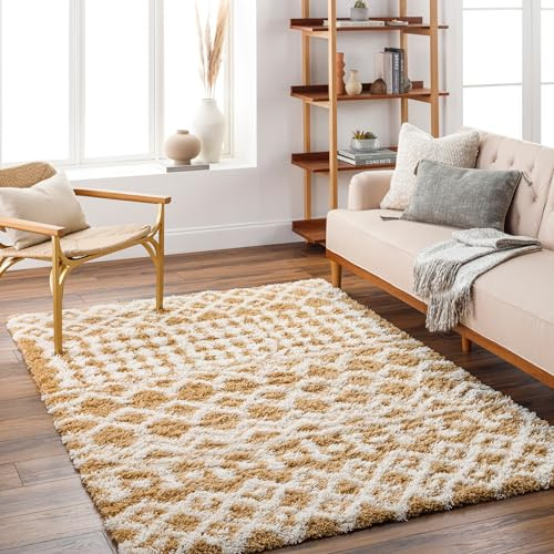 Livabliss Nour Dubai Shaggy Carpet 200x290 cm, Soft Plush Thick Pile for Living Room & Bedroom, Abstract Berber Design, Easy Care, Camel Ivory