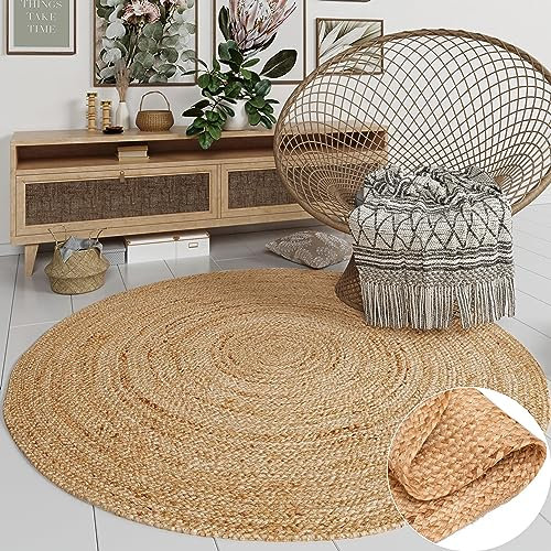 MY-RUG Jute Teppich 150 cm - Rund, handgemacht, braun, für den Außenbereich geeignet, Juteteppich im Boho Style fürs Kinderzimmer Nitin