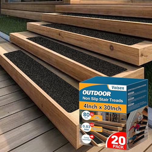 VOISEN Outdoor Stair Treads, 4 x 30 20 Pack Pre-Cut Non Slip Strips, Grip Tape Adhesive, Waterproof 80 Grit Anti-Slip