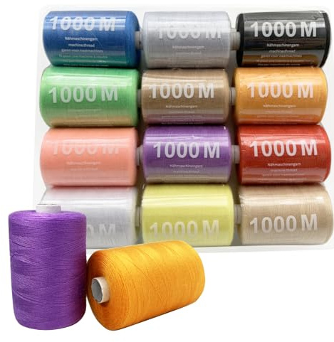 Fil à Coutures Kit 12 Bobines de Fil à Coudre Polyester Chaque Bobine de 1000m, 40/2S,Multicolore12000 Metre au total (12 couleurs)