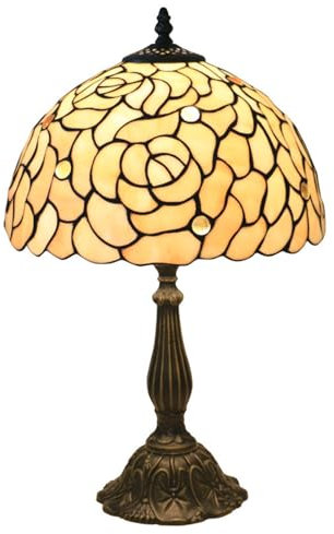 BOTOWI Tiffany Lampe 19 hohe Buntglas Tischlampe Creme Rose Schreibtischleuchte Vintage Antik Beige Blumen Nachttisch Licht Nachttisch Dekoration Wohnzimmer Schlafzimmer Arbeitszimmer,Alloy Base