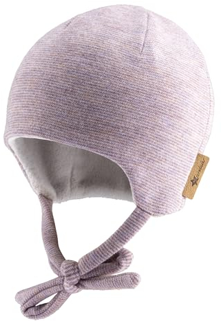 Sterntaler Beanie Mütze in Melange Optik mit dezentem Streifen - Erstlingsmütze mit angeschnittenen Ohrenklappen und Bindeband - Mädchen Babymütze, gefüttert mit Baummwollfleece - pastellviolett, 43