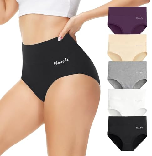 Momoshe Bragas Mujer Algodon Cintura Alta Pack de 5 Braguita de Talle Alto Culotte Cómodo Talla Ropa Interior Negro Blanco Gris Beige Púrpura M