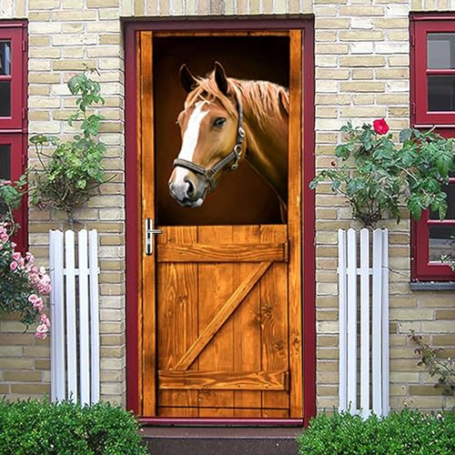 Póster De Puerta 3D, Pegatina Autoadhesiva Para Puerta, Papel Tapiz, Mural, Pegatina De Pared Artística, Foto Caballo Animal De Madera 77 X 200 Cm Para Sala De Estar, Dormitorio, Baño, Cocina, 0