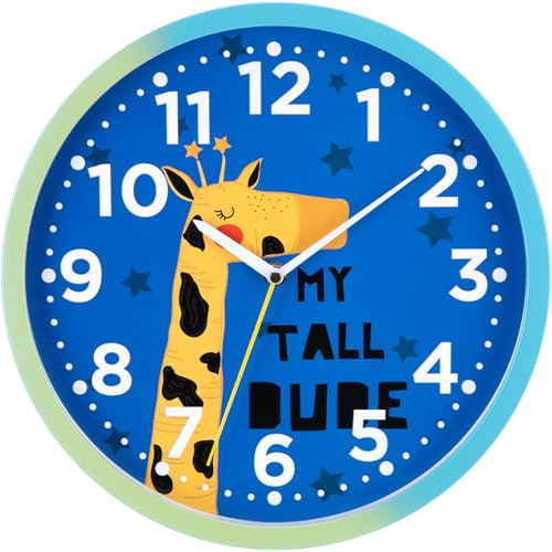 Warminn Reloj de Pared Infantil Silencioso a Pilas con Dibujo de Dinosaurio - Fácil de Colgar, Cocina, Dormitorio, Sala de Estar (Azul)