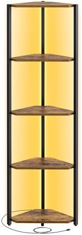 VASAGLE Scaffale a 5 Ripiani, Libreria con Luci LED a 7 Colori, Scaffale Angolare, Mobile Angolare, Acciaio, 24,8 x 48 x 146,6 cm, per Soggiorno Camera da Letto Studio, Marrone Vintage LBC590K02