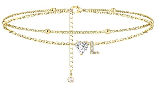 MYYOII Ankle Bracelets for Women Waterproof 14K Gold Plated CZ Initial Anklet for Women Dainty Layered Letter Heart Ankle Bracelets Handmade Adjustable Foot Chain Anklet Summer Beach Jewelry L