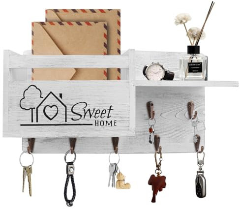 Gocokia Organizer per appendere la posta, decorazione da parete, mensola da parete con 7 ganci per chiavi, ganci da parete con cassetta delle lettere, decorazione per la casa (bianco)