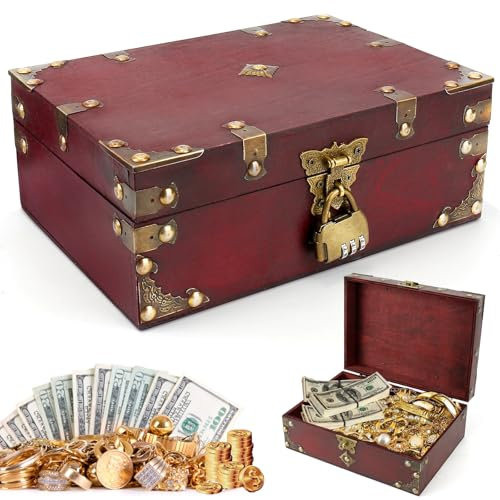 Carseatty Coffre au trésor vintage en bois - 24 x 17 x 9,5 cm - Avec serrure à combinaison - Grand coffre au trésor pour anniversaire d'enfant - Pour rangement, décoration, cadeau