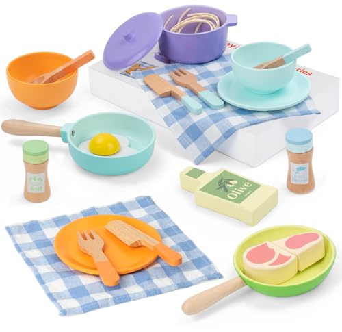 FMSKS Kinderküche Zubehör Holz,Spielküche Zubehör,Puppengeschirr,Kinder Kochset Töpfe und Pfannen Set,Rollenspiel Kinderküche,Holzspielzeug Geschenk Für Mädchen und Jungen ab 3 4 5 Jahre
