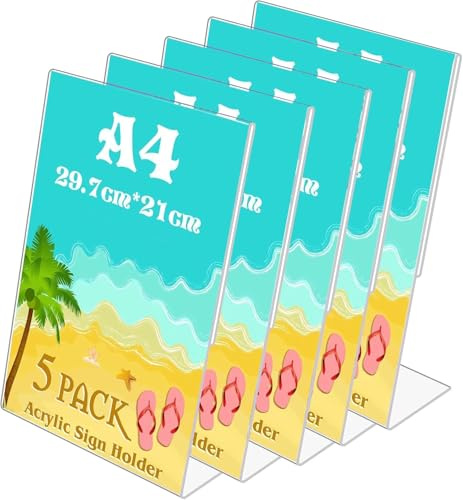 5 Stück A4 Aufsteller L Form, Preisschilder Aufsteller Tischaufsteller Acryl Ständer, Tischschildhalter, Kunststoff Foto Bilderrahmen, Broschürenhalter für Restaurants, Büro, Hotels, Konferenz