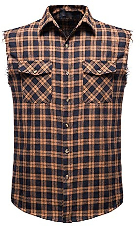 Foweknow Camicia da uomo a quadretti, senza maniche, estiva, con risvolto e bottoni, camicia da falegname, camicia tradizionale da uomo, con abbottonatura, camicia da uomo alla moda