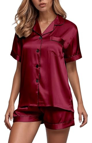 POIUIYQA Pyjama Satin Femme Short Ensemble Pijamas à Manches Courtes Chemises de Nuit Sexy Chic Été 2 Pièces Vêtements de Nuit en Soie Boutonnée
