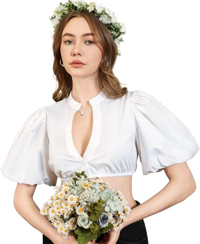 DIRNDLSTERN Blusa Dirndl Donna Bianco - Camicetta Tradizionale con Maniche a Sbuffo Stile Moderno per Oktoberfest 44