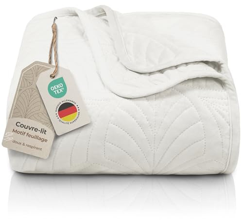 Gräfenstayn copriletto trapuntato matrimoniale 200x220 cm estivo in poliestere – certificato OEKO‑TEX, antigualcitura, decor foglia – elegante coperta letto & sofà (crema)