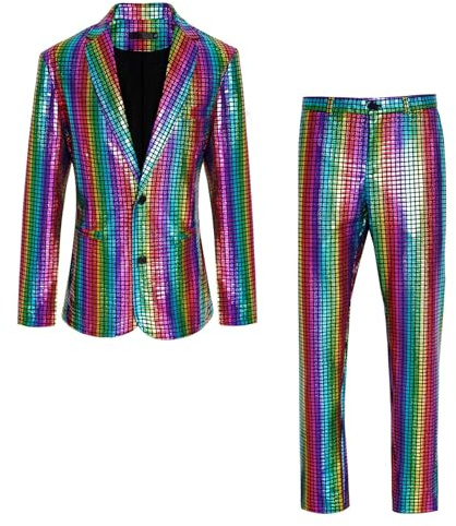 Bauzuoyo Tuta da uomo, 2 pezzi, anni '70, abbigliamento da discoteca, giacca e pantaloni metallizzati, con paillettes lucide, per feste, carnevale, matrimoni, feste a tema, eleganti abiti da uomo