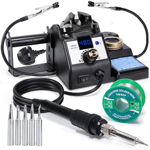 YIHUA 926LED IV 60W Digital Soldering Iron Station Kit w Temperature Stabilization for Soldering & Desoldering w Helping Hands 5 Soldering Iron Tips Lead-Free Solder （UK Plug）