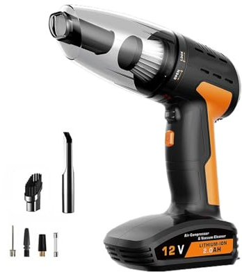 Aspirateur de voiture sans fil et gonfleur de pneu 2 en 1 | Compresseur d'air portable haute puissance avec lumière LED et affichage numérique | Pour intérieur de voiture, canapés et tapis