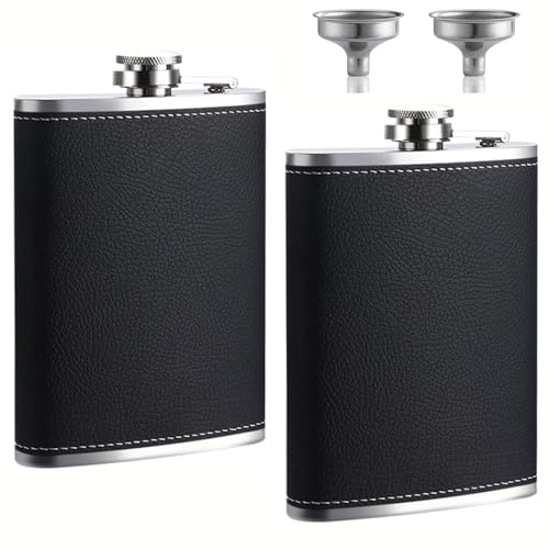 2 Pack 8oz Stainless Steel Hip Flask with Funnel, Portable Leak Proof Flask for Camping Hiking Outdoor Adventures, Social Gatherings and Gift Giving for Men