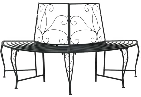 Holekex Trädbänk, 4-sits, 160 x 80 x 89 cm, stål, svart med ryggstöd, väderbeständig, robust för trädgård och terrass, balkong, halvcirkelformad, stabil metallkonstruktion, utomhus sittplats
