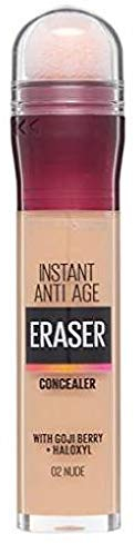 Maybelline New York Instant Anti-Age Cancella Età Correttore Multiuso Colore 02 Nude Illuminante con Applicatore a Spugnetta - 3 Cosmetici