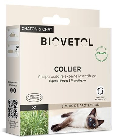 Biovetol - Collier Anti puces pour Chat Naturels d'origine Végétale- Protection 3 Mois- Réglables et Imperméables pour Chat (+15kg) - 35cm