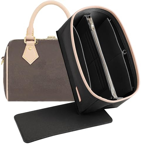 Doxo Väskorganisatör och bottenförstärkare, 2-pack, filtorganisatör för handväska – passar LV Speedy Neverfull (L, svart) | Speedy 30 organiseringsinsats med 6 storlekar, 2-i-1 organiserare och basformare, 14 fickor, avtagbar YKK-dragkedja, reptålig