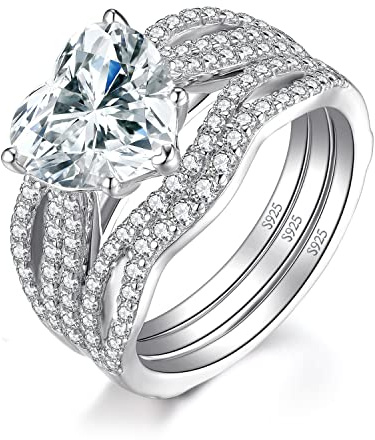 JewelryPalace 3ct Classici Anelli Cuore Donna Argento 925 con Cubic Zirconia, Solitario Anello Promessa Pietre Argento, Diamante Simulato Fedine Fidanzamento Matrimonio Set Anelli Gioielli Donna 22