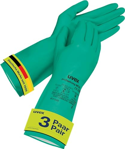 Uvex profastrong NF33 Chemikalienschutzhandschuhe, Nitril-Kautschuk beschichtete Arbeitshandschuhe für Damen & Herren, 3 Paar, Grün, Größe 8/M