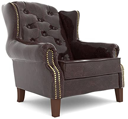 S-Style Möbel Sargans Chesterfield Sessel Ohrensessel Für Wohnzimmer Schlafzimmer Louge Büro Loungesessel Polstersessel Cocktailsessel Holzbeine Öko Leder Dunkelbraun 102 x 93 x 102 cm