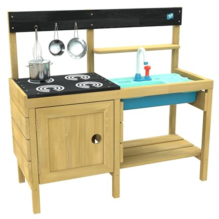 TP Toys Junior Chef Wooden Mud Kitchen With Working Tap & Sink - FSC Certified Timber. Includes A 4 Ring 'hob, An 'oven, and Splash Tub. Perfect For Sand Play, 2 Roomy Shelves Age - 3 Years +