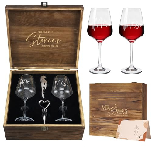 AW BRIDAL Mr and Mrs Wine Glasses Wedding Gifts for Couples 2026, Engagement Gift for Newly Engaged Couple, Bridal Shower and Bachelorette Gifts for Bride, Wine Opener Stopper and Wooden Keepsake Box
