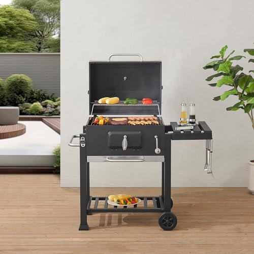 casa.pro Barbacoa de Carbón con 2 Ruedas Cajón para Cenizas 2 Estantes Carro de Barbacoa Tapa con Termómetro Reguladores de Ventilación Acero Inoxidable Plástico 105 x 114 x 48 cm - Negro