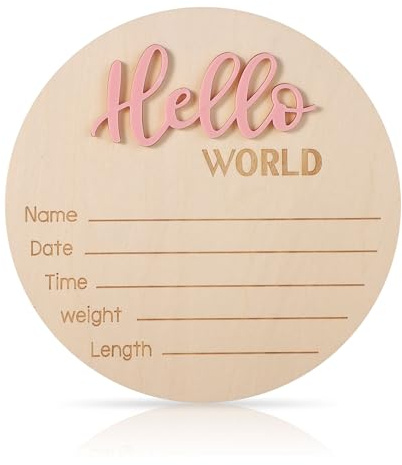 Nyfödd Tillkännagivandeskylt, 15cm Trä Hello World Babyvälkomstskylt Födelsebebisnamnplaketter för Nyfödda Pojkar Och Flickor Fotorekvisita Baby Shower Hospital Nursery (Ljusrosa)