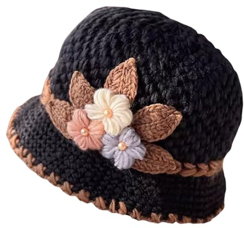 French Thicken Women's Flowers Knitted-Woolen-Hat Fashion Beanie-Hat Lady Crochet-Bucekt-Hat for Winter Black