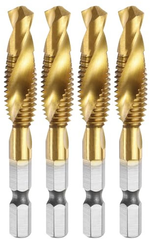 sourcing map 4pcs Combination Drill and Tap Bit, Metric M10 x 1.5 Thread 1/4 Hex Shank, Titanium Coated Threading Screw Taps Spiral Flute Tapping Tool, High Speed Steel (HSS) 4341