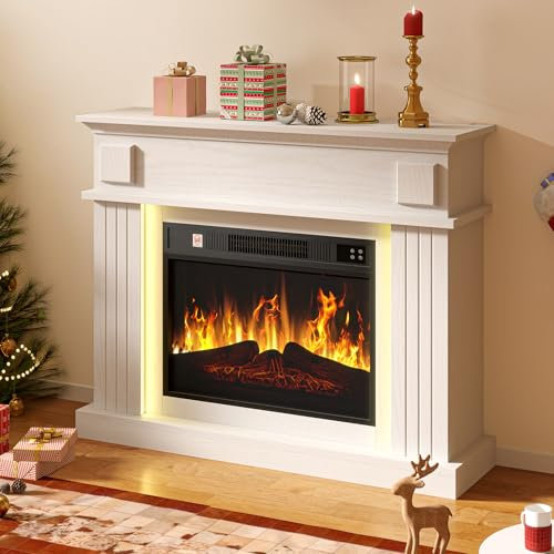 DWVO Electric Fireplace Suite 39 and Realistic Flame Effect Fire, Electric Fire and Surround Reach up to 30㎡ Space, White Electric Fire with Programmable Timer and LED Light Strip, 100x26x80.5CM