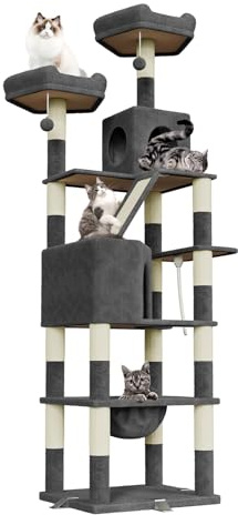 Dogat 208cm Tall Cat Tree, Anti-Tip Design Cat Tree for Indoor Large Cats, Multi-Level Cat Tower with 15 Scratching Posts, 2 Perches, 2 Caves, 1 Scratching Ramp and Hammock (Dark Grey)