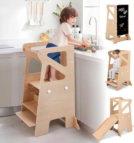 Wooden Kitchen Step Helper Learning Standing Tower with Slide 3 Levels Adjustable Heights Step Stools with Chalkboard Multifunctional Kids Step Stool Suit for Kitchen Room Kid's Room and Bathroom