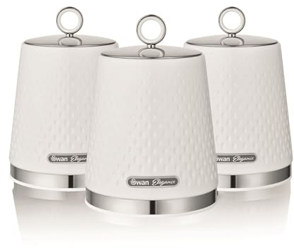 Swan Elegance Set of 3 Kitchen Storage Canisters for Tea, Coffee, and Sugar with Textured Gloss Finish and Stainless Steel Accents, 1.3L, White