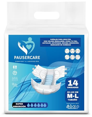 PAUSERCARE Windeln für Erwachsene, Unisex, super saugfähig für Inkontinenz, Männer und Frauen, 14 Einweg-Einheiten, maximale Absorption Tag und Nacht, Größe (M-L)