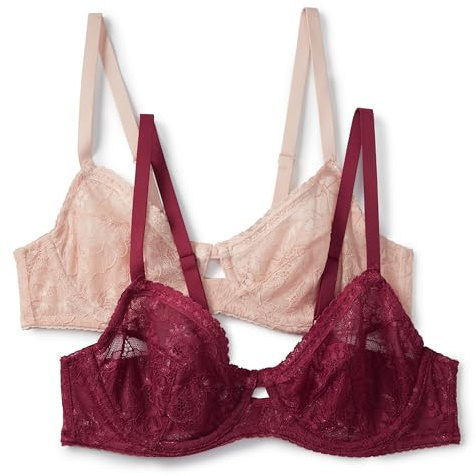 Amazon Essentials Body da Donna Elasticizzato in Pizzo Galloon con Ferretto, Petalo/Bordeaux, 32A