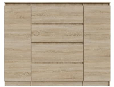 SoDREAMER Kommode 2 Türen 4 Schubladen 120 cm| Farbe: Sonoma-Eiche, Ideal für Schlafzimmer, Wohnzimmer, Kinderzimmer und Büro | Große geräumige Kommode | 120x97x40 cm